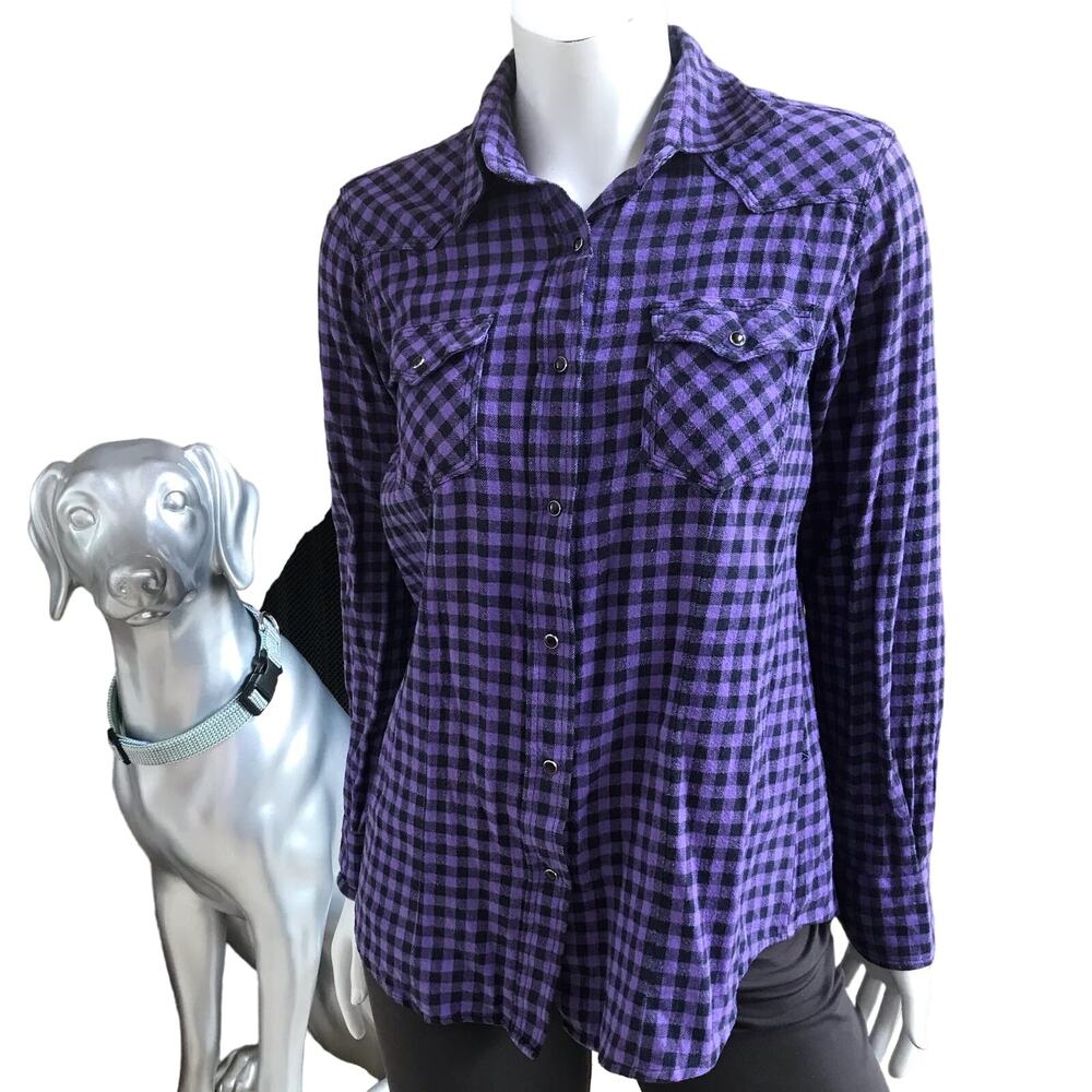 Back in The Saddle Snap Front Purple Checkered Long Sleeve Shirt Women's Size M
